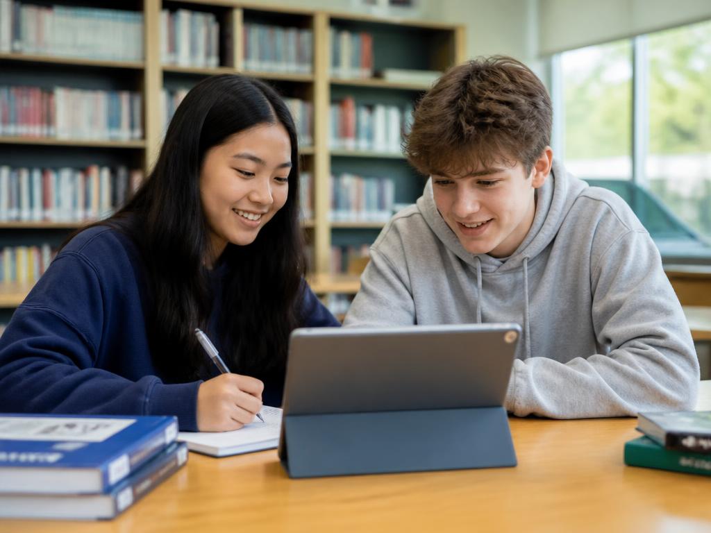 Two teenagers working together on maths with a tablet in a library