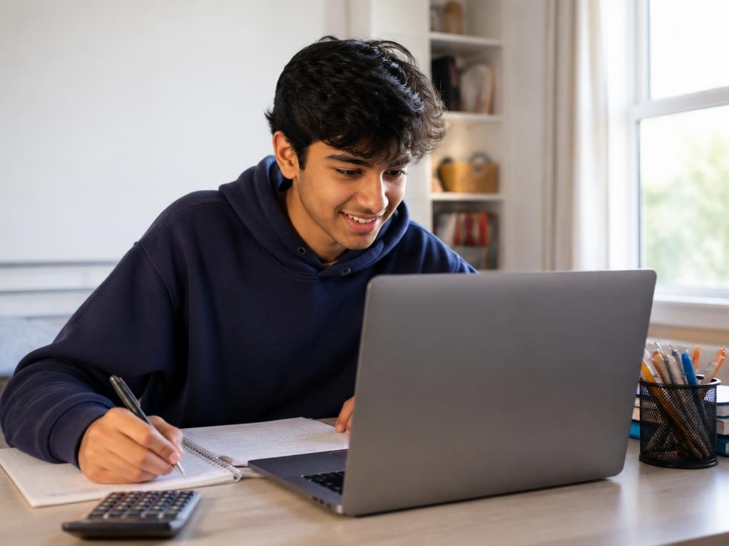 A teenage boy practising maths in a notebook while using a laptop