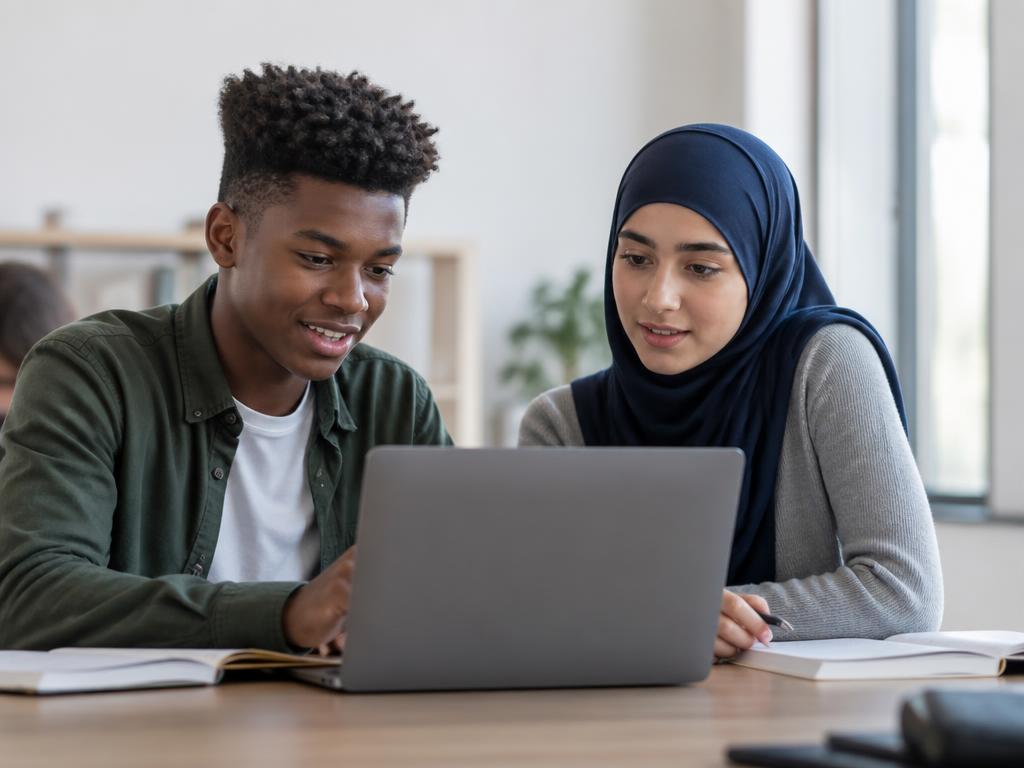 Two teenagers reviewing maths calculations together on a laptop