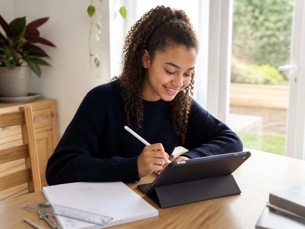 A smiling teenage girl solving geometry problems with a stylus and tablet